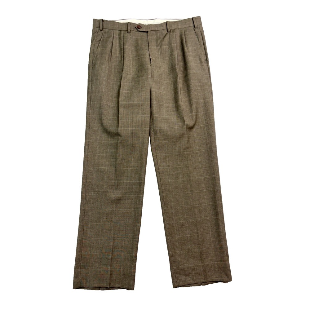 Brown Windowpane‎ Plaid 36x32 Dress Suit Pants Trousers Wool Pleated Mens